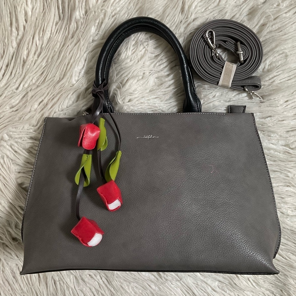 Espe Emmy Grey Vegan Leather Floral Rose Tassel Convertible Satchel Bag NWOT - Picture 2 of 11